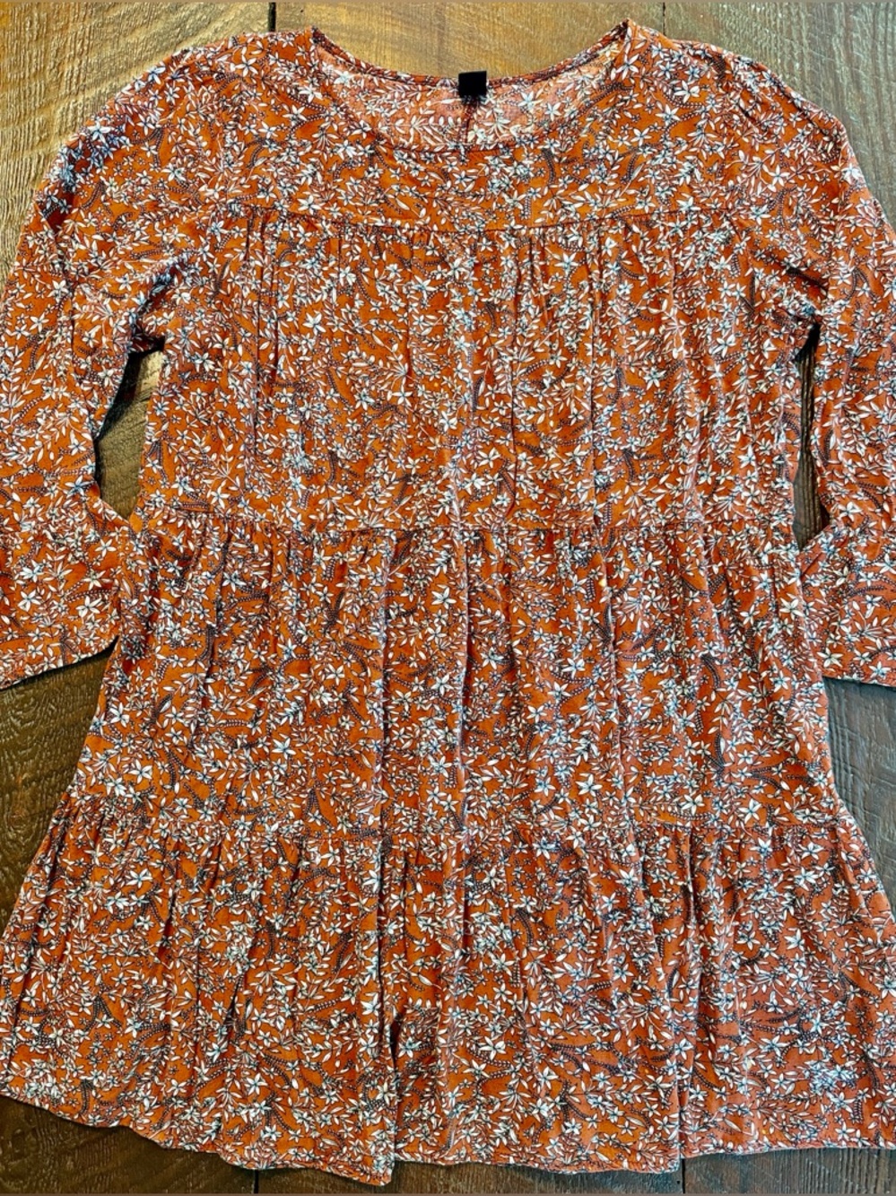 Rust Floral Boho Tunic Top XL | Tiered Long Sleeve Flowy Blouse